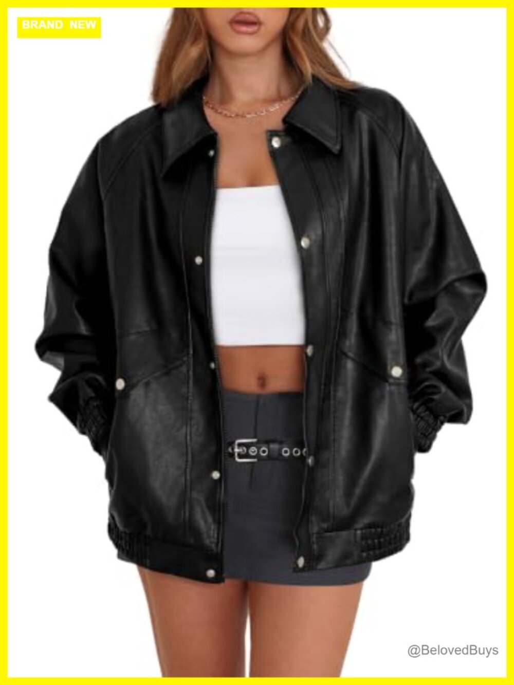 Women's Oversized Faux Leather Motorcycle Jacket Zip Up Winter Coat
